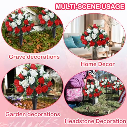 Lodou Set of 2 Artificial Cemetery Flowers, Memorial Flowers Bouquet,Grave Memorial Flowers with Vase for Cemetery Headstones Decoration (Red White) - color: Red White