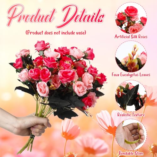 Hotop 12 Bunches of Artificial Flowers Centerpiece 13 Inches Silk Fake Roses Bouquets for Table Decoration Faux Arrangement Flowers for Wedding Cemetery Memorial Day (Rose Red) - color: Rose Red