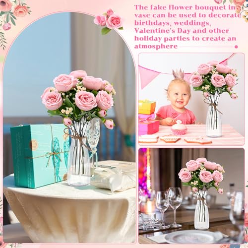 Thiccywoov 19 Pack Artificial Peony Flowers with Vase Bulk, 12 Bundles Faux Peony Bouquet 6 Vase with 1 Rope Silk Flower Arrangement Wedding Table Centerpiece for Wedding Bridal Shower(Light Pink) - color: Light Pink