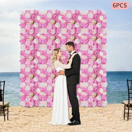 JJIESHENG Flower Wall Panels 3D Flower Wall Backdrop, 6Pcs Artificial Flower Wall Panel Silk Rose Floral Decorative Faux Flower Wall Background for Wedding Home Decoration (White, Pink, 15 * 15in) - color: White, Pink
