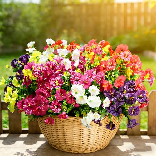 BSGlobal 12 Bundles Artificial Flowers for Outdoors Decoration, Faux Silk Morning Glory Flowers UV Resistant Fake Eucalyptus Plants for Spring Summer Garden Patio Home Decor (Mix) - color: 6 Mixed Colors
