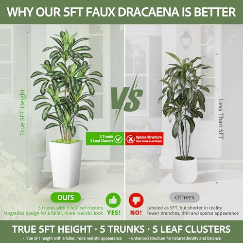 Dracaena Artificial Plant, 5FT Tall Artificial Plants Indoor Dracaena Tree in Pot, Fake Floor Plant for Living Room Decor, Artificial Tropical Plants Outdoor Porch Decor Office(White, 5FT) - color: White, size: 5FT