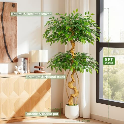 5ft Large Ficus Artificial Trees in White Pot, 60" Tall Fake Silk Tree with Natural Curved Trunk, Lush Faux Ficus Tree for Indoor Home Decor, Living Room, Office & Patio - size: 5ft