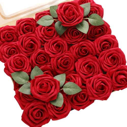 DerBlue 60pcs Artificial Roses Flowers with stem and 10pcs Green Leaves Real Looking Fake Roses Artificial Foam Roses Decoration DIY for Wedding,Arrangements Party Home Decorations - color: Dark Red