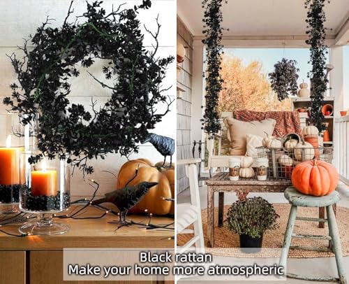RECUTMS Black Artificial Flowers Black Eucalyptus Garlands Spring Garland Greenery Vines with Flowers Fake Floral Greenery for Halloween Home Backdrop Wall Fall Decor - color: Black