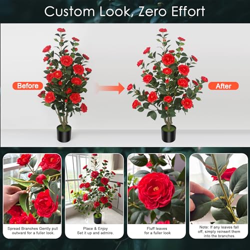 2Pack 39.37"/3.28FT Artificial Camellia Trees with 32 Red Flowers in Cement Pots – Lifelike Fake Trees for Front Porch, Home, Indoor Outdoor Spring Decor, Office or Housewarming Gifts - color: Red, size: 39.37 inchx2