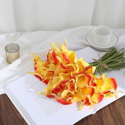 24 Pcs Orange Artificial Calla Lily Flowers Fake Orange Silk Flowers Real Touch for Wedding Bouquet Office Home Kitchen Decor - color: Red-yellow