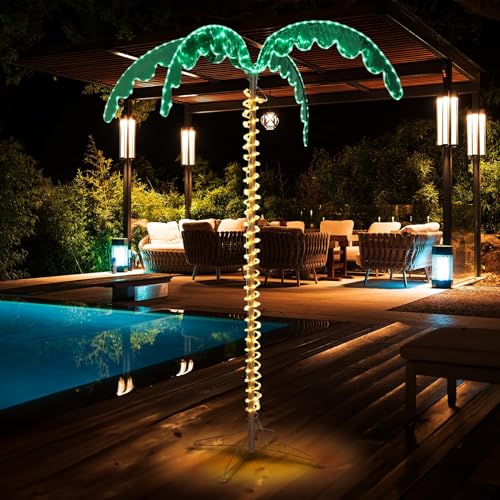 VINGLI 7FT Lighted Palm Tree, Outdoor Artificial Palm Tree with Lifelike Leaves and Rope LEDs for Outside Patio Pool Yard Holiday Decor - size: 7ft 3in