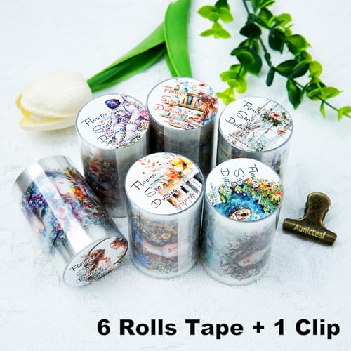 Dreamy Floral PET Tape Set with Clip, 6 Rolls Pre-Cut Vintage Tape for Journaling, Scrapbooking, DIY Crafts, and Planners - color: Meadow Wander