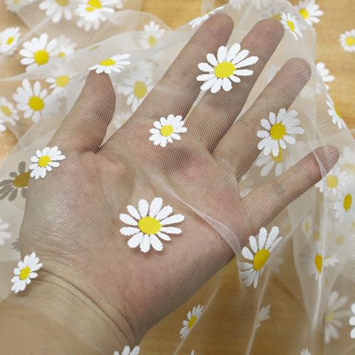 Daisy Gauze Table Runner 120 Inch 10FT, Floral Flower Tulle Table Runner Seasonal Kitchen Dining Table Decorations for Party Wedding Christmas Holiday Birthday (White) - color: White