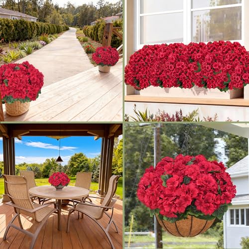 8 Pcs Artificial Geraniums Flowers for Outdoor Spring Summer Decor - UV-Resistant & Realistic Silk Faux Plants for Garden Porch Patio Yard Balcony Home Kitchen Table Centerpieces Decoration, Red - color: Red