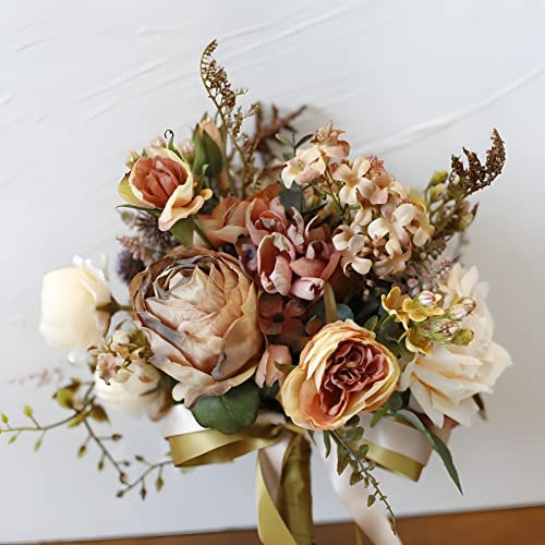 Artificial Wedding Bouquet for Brides Bridesmaid Holding Flower with Greenery Artificial Fabric Rose Wedding Flower Bridal Toss (Vintage Coffee) - color: Vintage Coffee