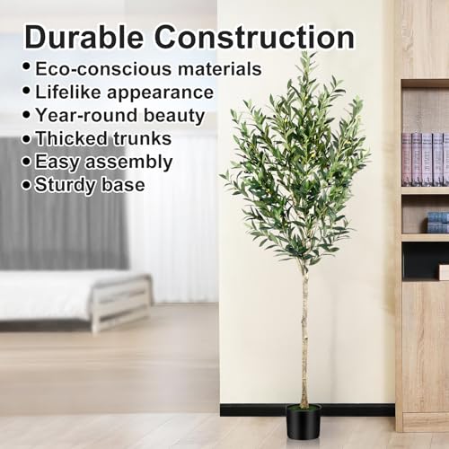 6FT Olive Tree Artificial Indoor - Tall Faux Olive Tree with Wood Trunk and Lifelike Fruits - Fake Plants in Pot for Home Office Living Room Decor - size: 6ft