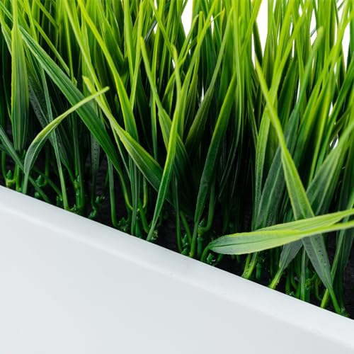 MyGift 14 Inch Artificial Green Grass Plant in Modern White Concrete Planter Window Box, Tabletop Faux Greenery in Decorative Rectangular Cement Container - color: White Concrete