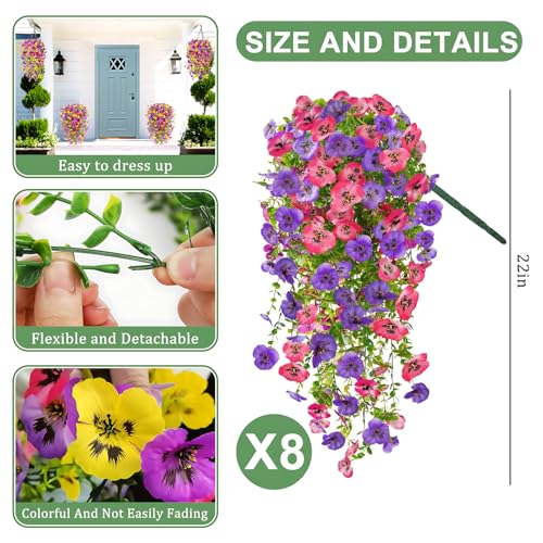 8PCS Faux Hanging Pansy Flowers for Outdoors,UV-Resistant Artificial Plants for Porch, Patio, Garden, Window Boxes, Spring & Summer Decor (Rose Pink Purple) - color: Rose Pink Purple