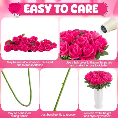 24 Pcs Hot Pink Rose Artificial Flowers with Long Stem Real Touch Silk Roses Bulk for Wedding, Party, Table Centerpieces Bright Pink Bouquet, Bridal, Home Decor - color: Hot Pink
