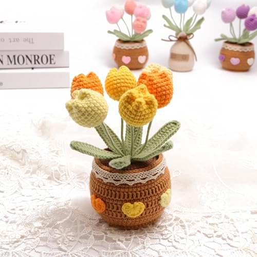 Handmade Tulips, Hand-Woven Flowers, Crocheted Tulips, Artificial FlowersTulipsBirthday Gifts for Family and Girlfriends, Home Office Decoration, Graduation Anniversary (6 Flowers-Yellow) - color: Yellow a, size: A