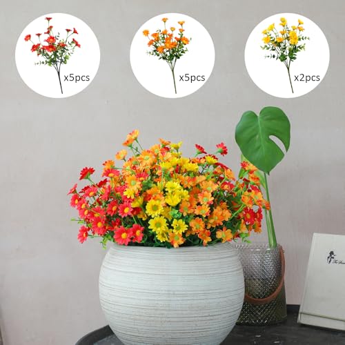 alyptus Faux Flowers Outdoor Artificial Flowers – 12 Bundles UV Resistant Fake Flowers for Spring Summer Planter Porch Patio Yard Garden Decoration(Red 5, Orange 5, Yellow 2) - color: Orang Red Yellow 12 Bundles