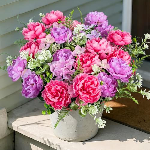 6 Bundles Peonies Artificial Flowers for Outdoors UV Resistant Faux Peony with Hydrangea Fake Flowers Silk Flowers for Outside Front Porch Garden Window Box Planters Decor (Pink, Purple) - color: Pink, Purple