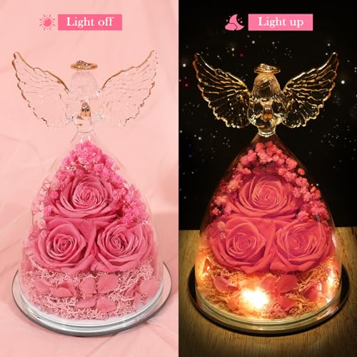 Mothers Day Flowers Gifts for Mom Flowers for Delivery Preserved Flowers Forever Real Fresh Roses in Glass Angel Figurines Birthday Gifts for Women Anniversary Present for Grandma Wife from Daughter - color: Sweet Pink (Rose, Baby's Breath, Hydrangea)