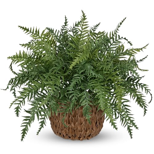 Hollyone 17.7" Fake Fern Potted Plant Artificial Ferns in Woven Pot for Indoor Faux Fern Bush Plant for Patio Garden Farmhouse Windowsill Office Living Room Home Decor - size: Woven Pot - Short Fern