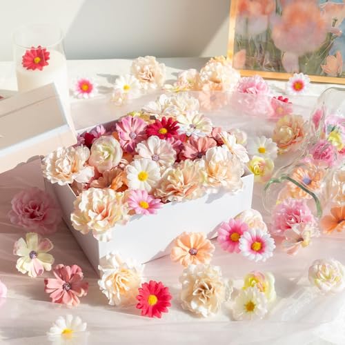 ATTGREAT 310 Pcs Fake Flower Heads Mini Artificial Flower Bulk Silk Flowers for Decoration Small Faux Flower Heads Fabric Daisy Buds Floral for Crafts DIY Wedding Party Baby Shower Home Decor, Pink - color: Pink