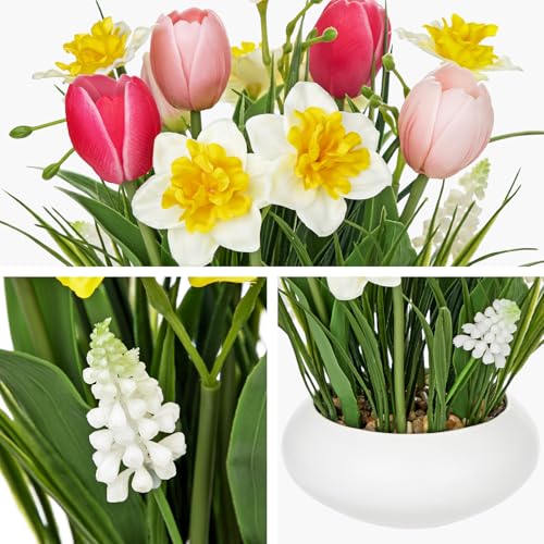 Hollyone Tulips Artificial Flowers with Daffodil Bulbs in Vase Fake Tulips Silk Flowers Arrangements with Ceramic Pot Daffodil Tulip Bulbs Floral Bouquet for Home Decor Table Centerpiece White Pink - color: Large - Mixed