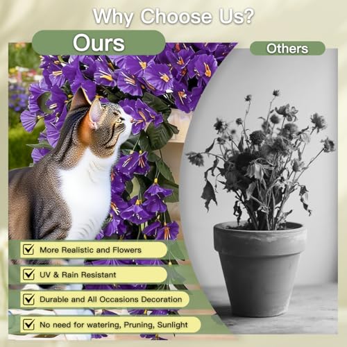 Artificial Flowers for Outdoors Fake Purple Morning Glory Hanging Flower Decoration, 2Pcs Realistic Faux Plants Petunias Long Trailing Vines,Spring Decor for Porch Patio Balcony Planter Yard - color: Morning Glory - Purple