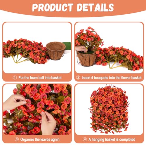 INXUGAO Artificial Flowers Plants with Hanging Basket, Fake Realistic Silk Morning Glory Petunia Long Vines, Faux Flower Arrangement for Outdoor Garden Patio Decor, OrangeRed - color: Orangered