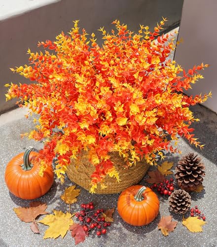 Artificial Fake Fall Autumn Eucalyptus Plants Flowers for Outdoor Outside Decoration, Faux Silk Orange Boxwood Look Real UV Resistant for Home Porch Patio Planter Decor，12 Bundles - color: Orange Eucalyptus