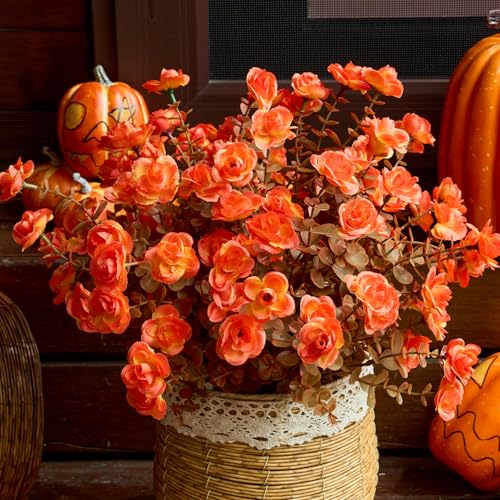 PONKING Artificial Flowers for Outdoors Patio Decoration 6 Bundles Fake Flower Rose UV Resistant Faux Plants Yard Garden Porch Home Boxwood Patio Halloween Decor, Fall Orange Flower - color: D Fall Orange Rose 6pcs