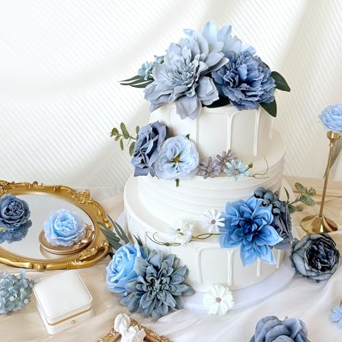 Dusty Blue Artificial Flowers Combo Box Set Silk Roses Dahlia with Stems DIY Bridal Wedding Bouquets Navy Royal Blue Cake Fake Floral Arrangements Baby Shower Party Table Centerpieces Home Decor Bulks - color: Navy, Dusty Blue