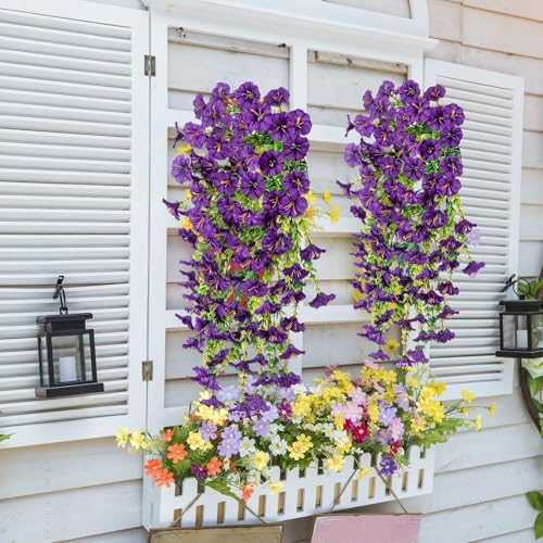 4PCs Hanging Morning Glory UV Resistant Artificial Outdoor Flowers,Faux Flowers for Planters,Hyeflora Cascading Plants Garden,Home Decor,Wedding,Patio,Porch,Yard(Purple,2 Bunches/4Pcs) - color: Purple, size: 2 Bunches/ 4Pcs