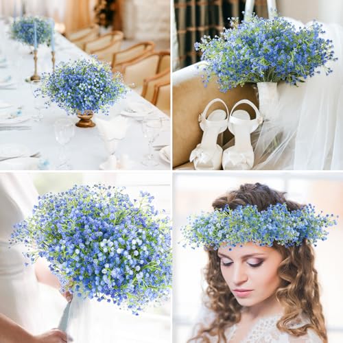 N&T NIETING Babys Breath Artificial Flowers Bulk, 24Pcs Fake Gypsophila Bouquet Flowers Real Touch Faux Babies Breath Arrangement for Wedding Floral Party Home Centerpieces Vase Decoration, Blue - color: Blue, size: 24pcs-Standard