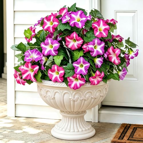 6Pcs Artificial Flowers for Outdoors, Fake Petunias Morning Glory Silk Flower UV Resistant, Faux Flowers for Outdoor Planters, Realistic Flora for Window Box Garden Porch Decor (FuchsiaPurple-Petunia) - color: Fuchsiapurple-petunia
