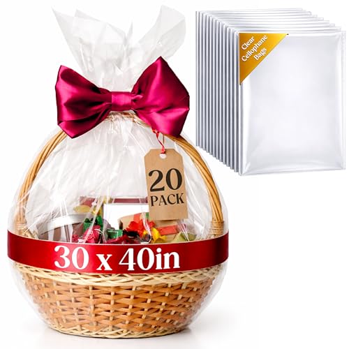 volila Large Cellophane Bags for Gift Baskets - 20 Pack (30 in x 40 in) Clear Gift Wrap for Gift Baskets, Floristry, Party Favors and Food Packaging - color: Clear - Cellophane Bag 20 Pack (30 in x 40 in)