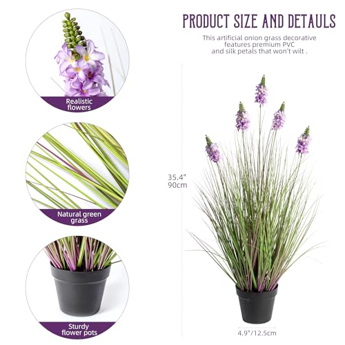 Artificial Plants Indoor Tall Grass Plants with Lilac Flower 35.4In Tall Artificial Ornamental Grass Green Onions Outdoor Fake Plants with Black Pot Home Office Decorative (1 Pack,Purple) - color: 0.9m Purple1