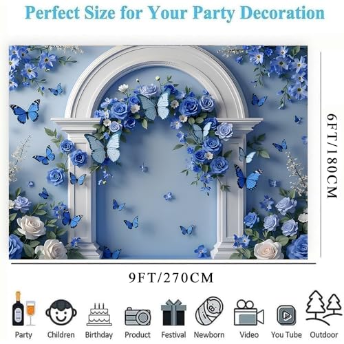 Blue Flowers Butterfly White Arched Doorway Backdrops Light Blue Background Rose and Green Leaves Wedding Photography Backdrop Bridal Shower Wedding Anniversary Decorations Backdrop (A, 9 * 6feet) - color: A, size: 9*6feet