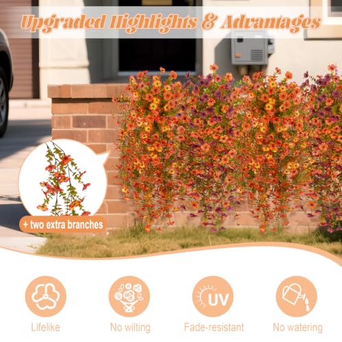 Fake Mums Artificial Fall Hanging Flowers for Outdoors Decoration 2 PCS Faux Mums for Outdoor Planters Fake Plants Look Real Daisy Flower No Fade Autumn Decor for Porch Home Patio Balcony and Yard - color: Orange Sunset
