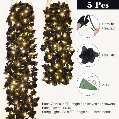 BLEUM CADE 5Pcs 41Ft Flower Garland Artificial Rose Vines with 32.8Ft String Lights, Cute Fake Hanging Flower Vines Floral Garland Decorations for Halloween Wedding Party Room Decor Aesthetic - color: Black With Lights, size: 5 Pcs
