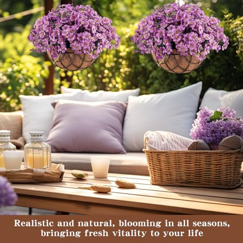 Beeveer 2 Pack Artificial Hanging Flower Basket for Outdoor Decoration Faux Orchid Hanging Plants with Coconut Lining Basket Fake Arrangement for Porch Courtyard Decor - color: Purple