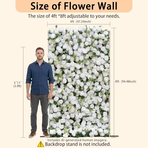 rosemorning 4x8FT White Artificial Flower Wall Backdrop,5D Silk Flower Wall Panel for Wedding Party Birthday Baby Shower Photo Booth Decor Easy to Install Reusable - color: Eira-White, size: 4Ft*8Ft