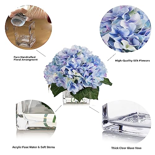 ENOVA FLORAL Silk Hydrangea Artificial Flowers in Vase with Faux Water, Silk Flower Arrangements in Vase for Home Decor, Wedding Table (Blue) - color: Blue