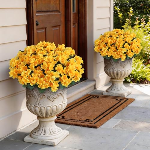 Juxdp 8 Bundles Artificial Camellia, Fake Silk Bouquet Flowers(Yellow) | Full＆Vibrant, Fade-resistant, UV-resistant＆Waterproof, for Front Door/Garden/Farmhouse/Outdoor/Home/Spring/Summer Decor - color: Yellow