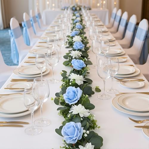 4 Pack Wedding Garland Set, Blue Rose & White Dahlia Hanging Flower Vines for Wedding Arch, Backdrop, Mantel, Home Decor (5.91ft) - color: Blue White