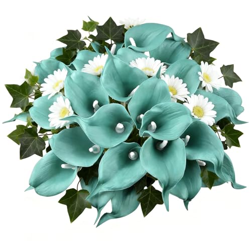 Calla Lily Bridal Wedding Festival Decor Bouquet Real Touch Latex Flower Bouquet Pack of 20 (Turquoise) - color: Turquoise