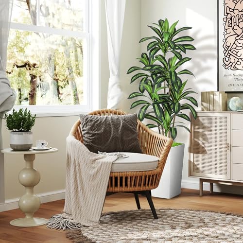 Dracaena Artificial Plant, 5FT Tall Artificial Plants Indoor Dracaena Tree in Pot, Fake Floor Plant for Living Room Decor, Artificial Tropical Plants Outdoor Porch Decor Office(White, 5FT) - color: White, size: 5FT