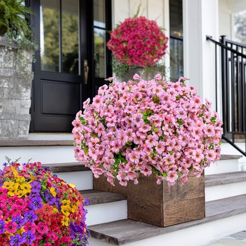AXYLEX Artificial Flowers for Outdoors Fake Plants - 16 Bundles Faux Outside Greenery Boxwood No Fade Plastic Shrubs Fall Decor Farmhouse Home Garden Thanksgiving Mums (Pink) - color: Pink