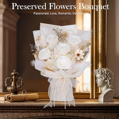 Preserved Bouquet of Flowers - 5 Roses & Flowers for Delivery, Real White Forever Flower, Eternal Roses Bouquet, Mothers Day Gifts for Mom Grandma Wife, Anniversary Birthday Gifts for Women - color: White