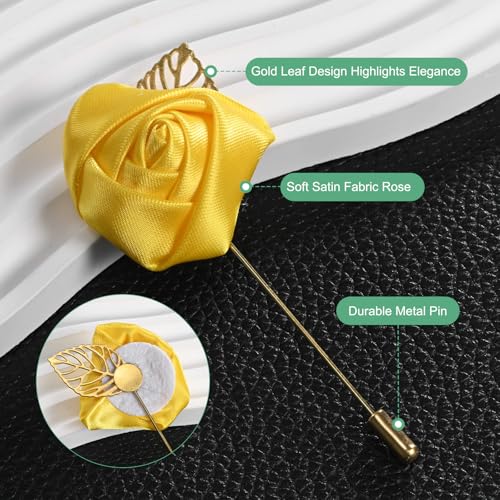 M METERXITY 48-Pack Flower Lapel Pins for Men, Golden Leaf Rose Boutonnieres Pin Groom Boutonnieres for Wedding/Dance/Party, Men Lapel Pins for Suits Satin Flower Corsage [Yellow] - color: Yellow